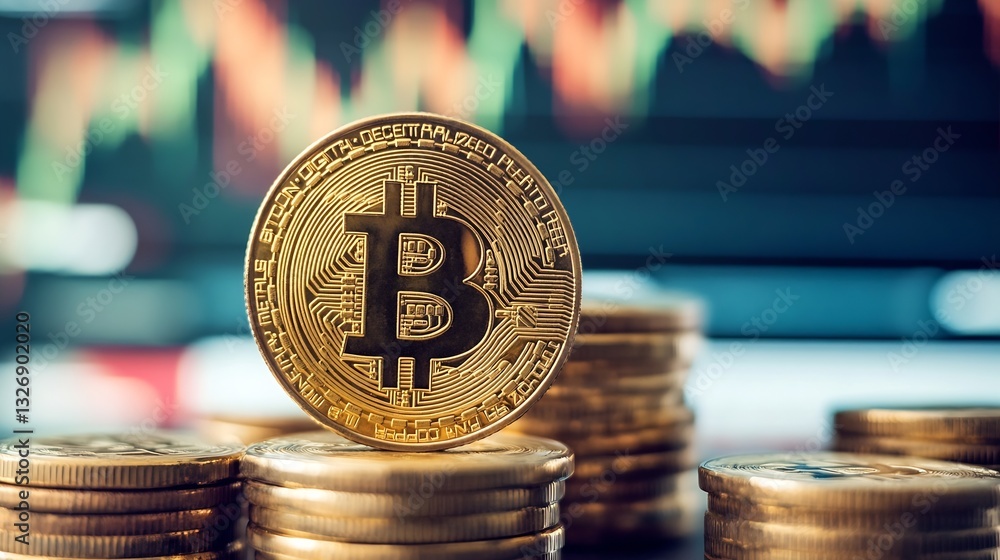 Poster shiny gold bitcoin coins stacked on a display with a fluctuating market chart in the background : ge