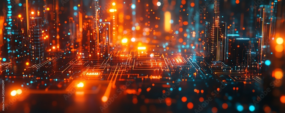 Aufkleber 3D rendered glowing chip circuit hologram on a dark background, representing CPU technology and metaverse concepts with neon light effects