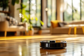 Obraz premium Modern home interior with sunlit living room and robotic vacuum cleaner on wooden floor