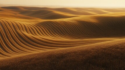 Naklejka premium Serene Golden Waves of Grain Fields Illuminated by Soft Sunset Light