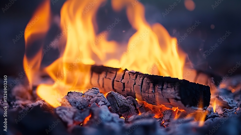 Poster captivating close up of a blazing campfire with glowing embers and dynamic flames highlighting a woo
