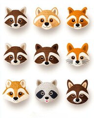 Fototapeta premium Woodland animals habitat hidden. A colorful arrangement of cartoon animal faces featuring raccoons and foxes, showcasing playful designs in a grid layout.
