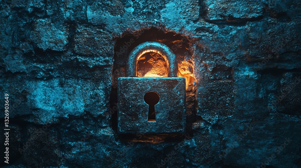 Fototapete an illuminated padlock on a textured blue background, representing digital security, with glowing ef