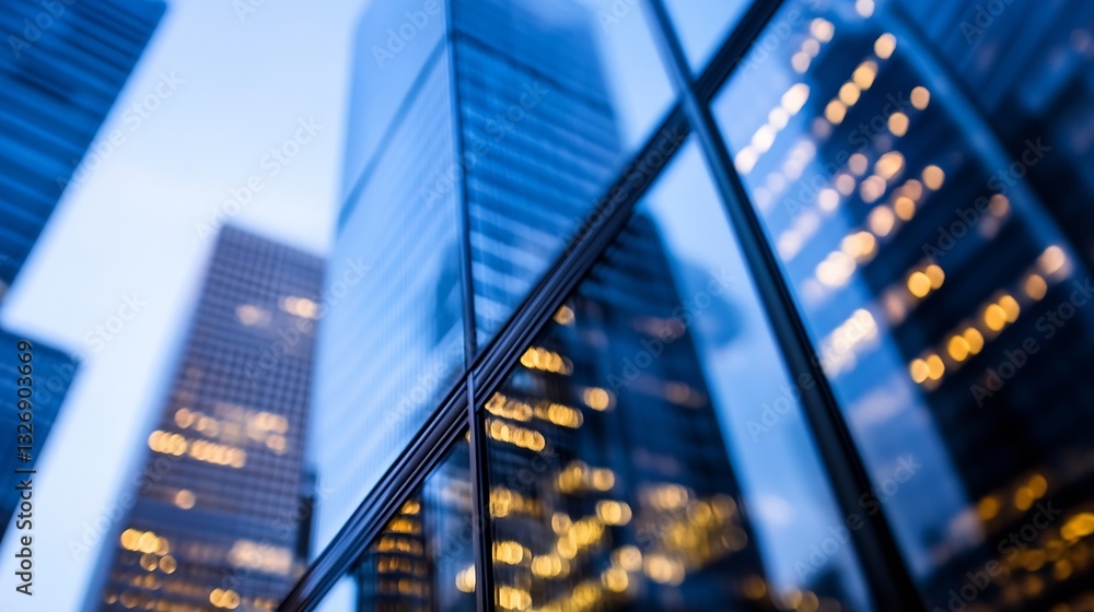 Poster stunning modern skyscraper reflections captured in a sleek glass facade during twilight : generative