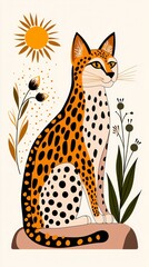 Woodland animals habitat hidden. A stylized illustration of a serval cat with striking spots, surrounded by flowers and sun, showcasing vibrant colors and a playful artistic design.