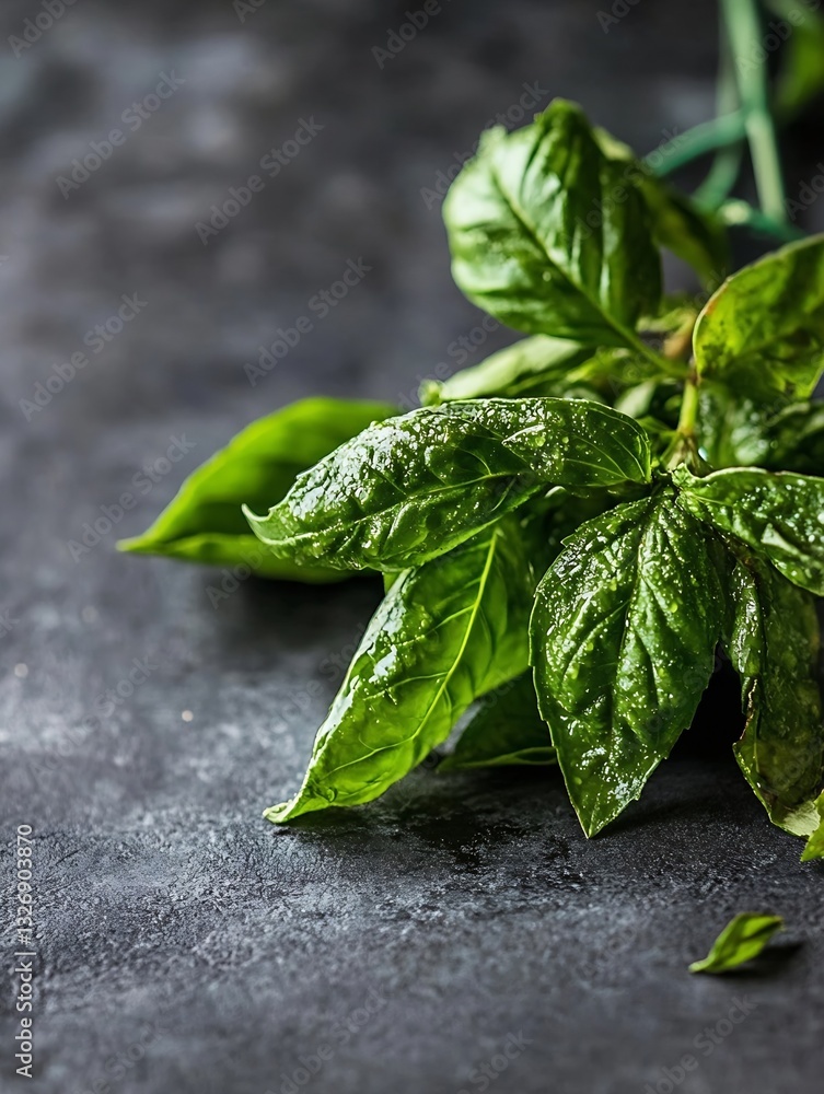 Aufkleber fresh green basil leaves with water drops captured on dark textured surface highlighting their vibra
