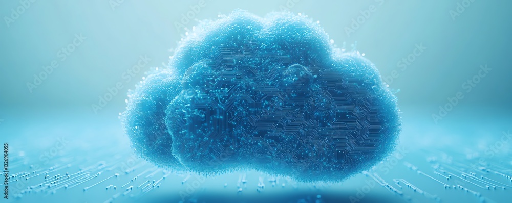 Poster Blue cloud computing icon with a circuit pattern on a light blue background, symbolizing cloud services and digital infrastructure, 3D rendering