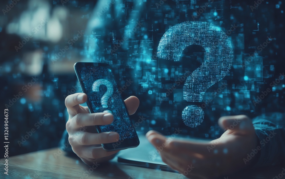 Poster closeup of hands on a smartphone and laptop at a desk, with a blurry abstract question mark interfac