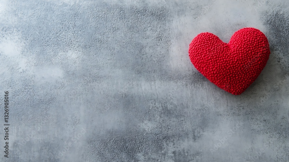 Poster Bright red heart shaped cushion on a textured gray background creating a minimalist love concept : Generative AI