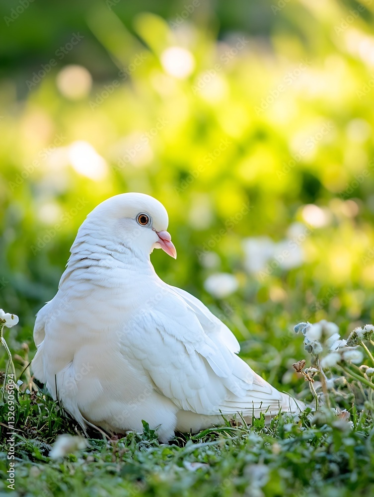 Poster A beautiful white dove resting on green grass surrounded by soft sunlight creating a tranquil scene : Generative AI
