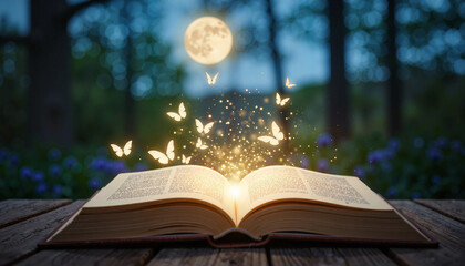 Glowing magic book with fluttering butterflies in enchanted woodland, wonder