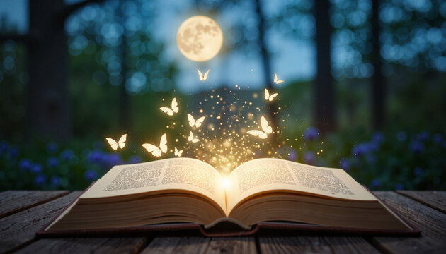Glowing magic book with fluttering butterflies in enchanted woodland, wonder