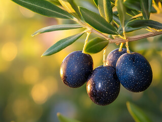 Ripe olives hanging from olive tree branches in sunlight