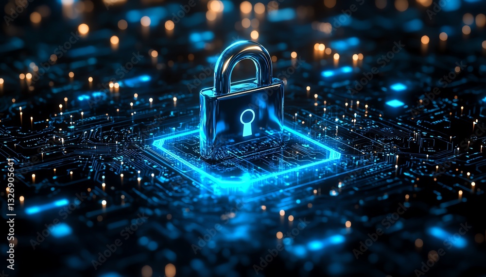 Leinwandbilder Cyber security and unlock system concept with a perspective view of a digital close padlock surrounded by blue keys on a dark abstract background, 3D rendering