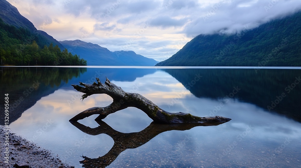 Poster tranquil lake reflection with driftwood and scenic mountain view : generative ai