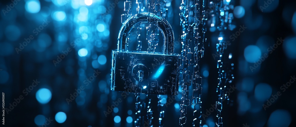 Aufkleber Cyber security concept with a close digital padlock and blue keys on a dark abstract background, symbolizing secure data protection and system unlock, 3D rendering