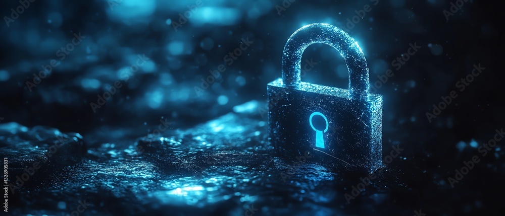 Poster cyber security concept with a close digital padlock and blue keys on a dark abstract background, sym