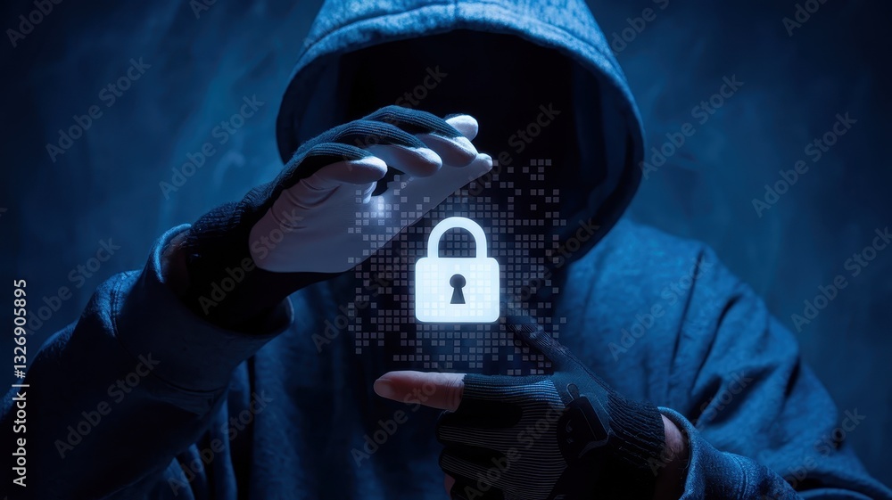 Poster cybersecurity threat: hacker manipulating digital lock