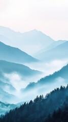 Serene mountain landscape with misty valleys and layers of blue hills at dawn