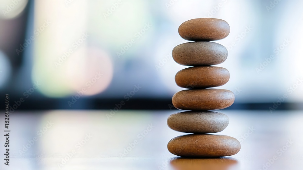 Leinwandbilder Stack of smooth pebbles balanced elegantly on a table with a blurred background creating a sense of tranquility : Generative AI