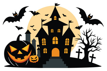 Spooky Halloween Night with Haunted House Bats Pumpkins