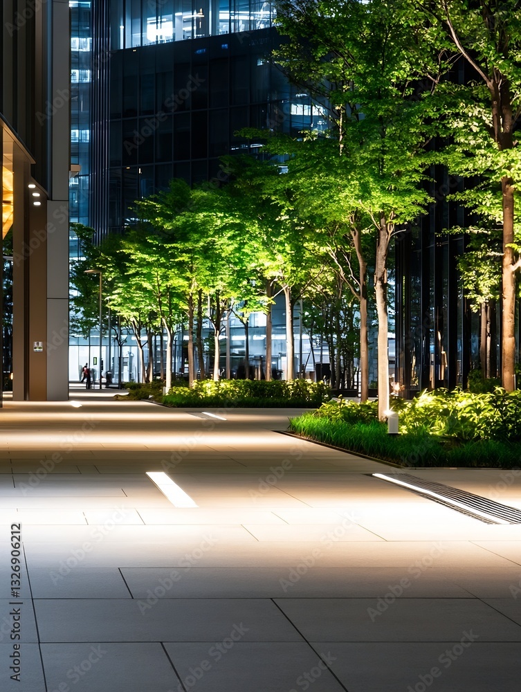 Poster stunning nighttime urban scene with welllit pathway and lush trees surrounded by modern buildings : 
