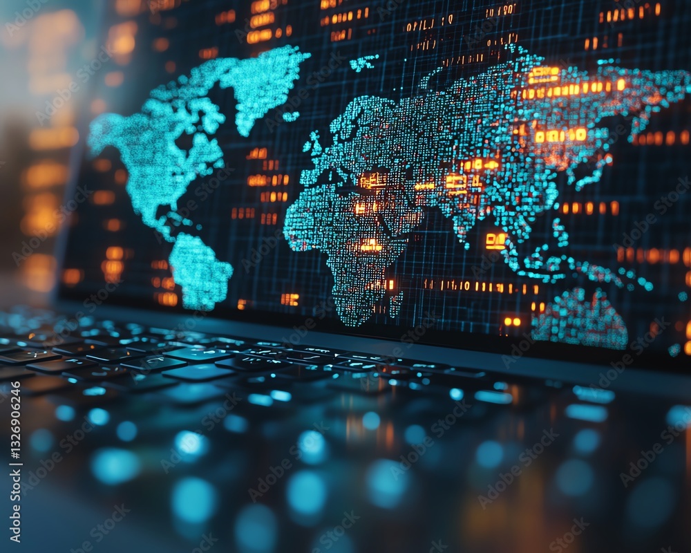 Aufkleber Digital global map hologram overlaying a laptop keyboard, with a binary code background, symbolizing technology, data, and global connectivity, 3D rendering