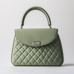 green pastel quilted leather handbag with a top handle, presented against a pure white background, showcasing the smooth, quilted leather texture and the distinct shape of the handbag.
