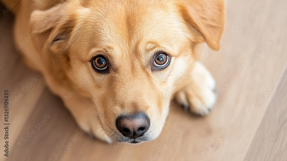 Poster adorable golden dog stares charmingly with expressive eyes while resting on a wooden floor : generat