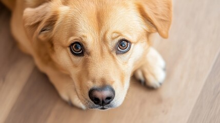 Adorable golden dog stares charmingly with expressive eyes while resting on a wooden floor : Generative AI