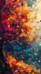 Vibrant colorful autumn leaves with dry brush textures and clean lines