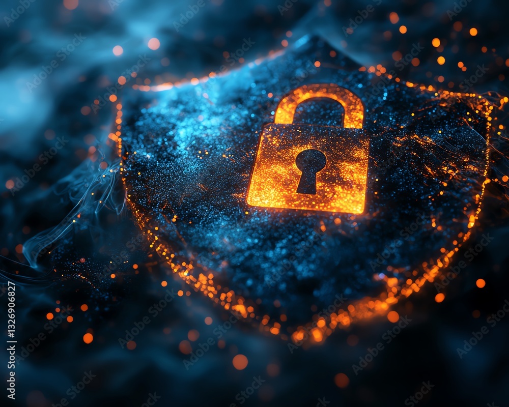Poster Digital padlock in a shield on a dark abstract background with virtual fog, symbolizing safety and information privacy, with mockup space for advertising text, 3D rendering