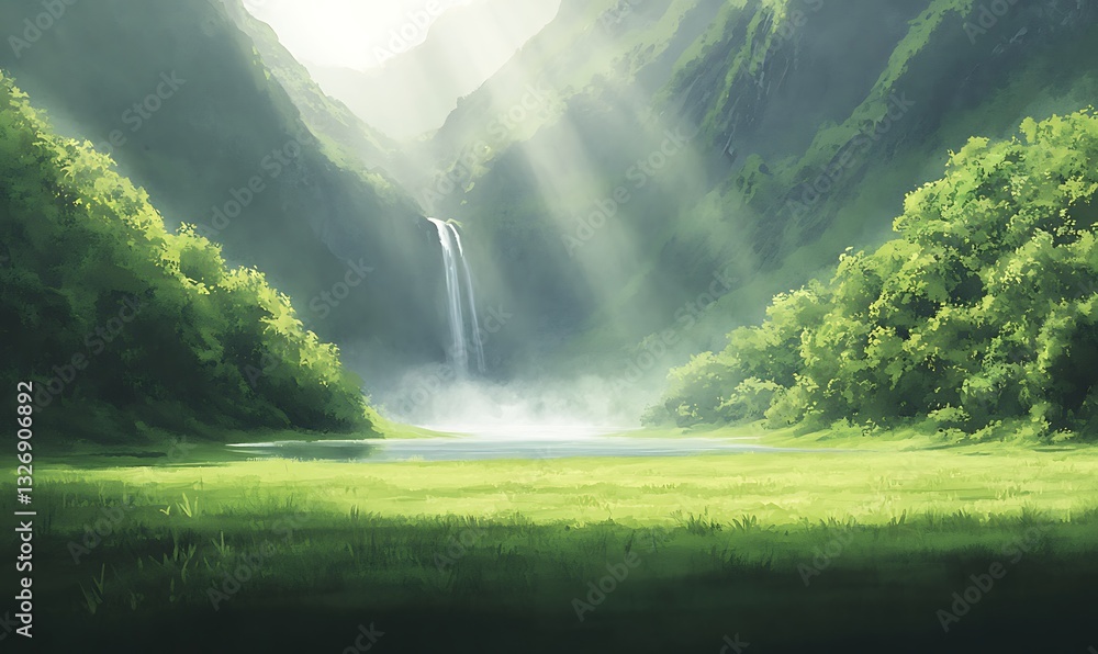 Poster serene landscape with a waterfall amidst lush greenery and soft rays of sunlight.