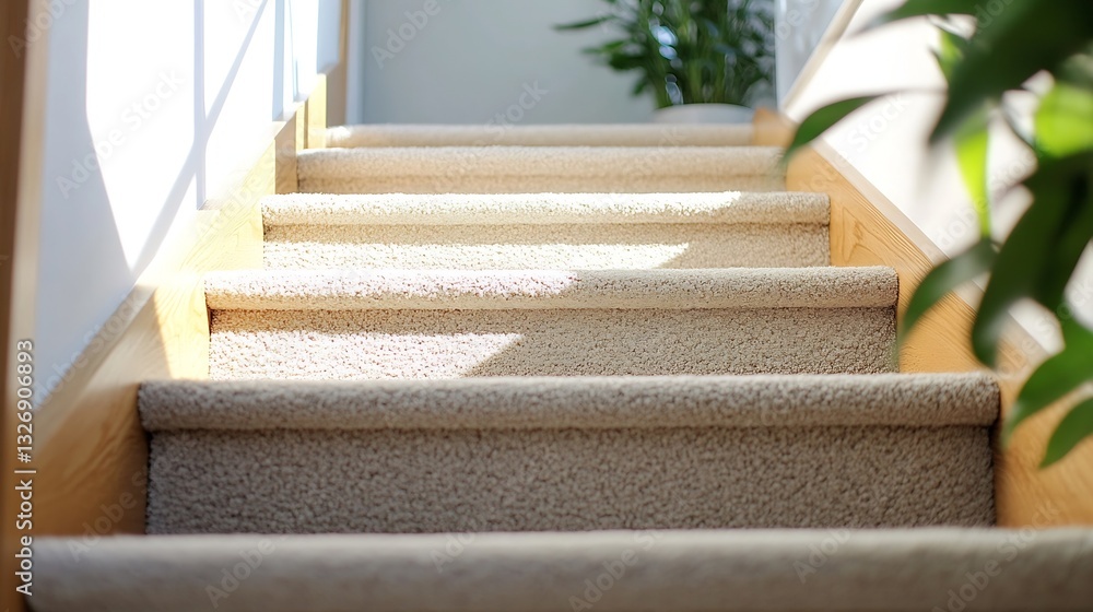 Poster Brightly lit staircase with soft carpet leading to an inviting space in a modern home : Generative AI