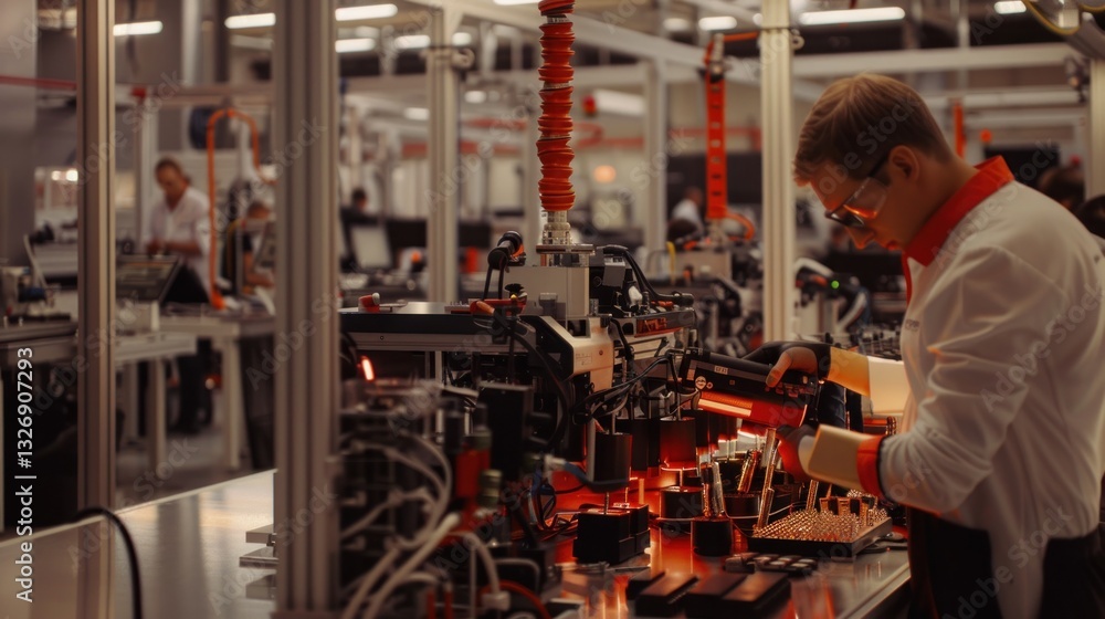 Poster worker in modern factory using equipment for assembly tasks
