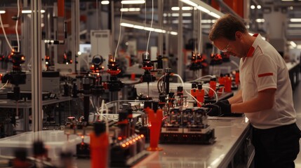 Fototapeta premium Worker in Modern Factory Engaged in Precision Manufacturing Process