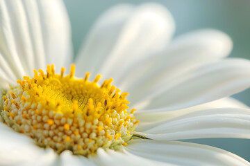 Obraz premium A delicate close-up photograph of a daisy flower showing its bright yellow center and soft white petals against a gentle blurred background in pastel tones.