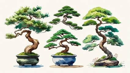 Collection of Watercolor Bonsai Trees Asian Art Green Foliage Potted Plants