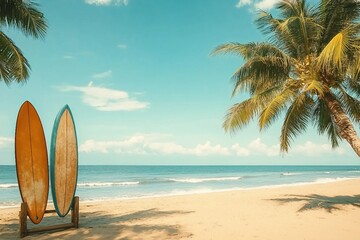Surfboard and palm tree on beach with beach sign for surfing area. Travel adventure and water sport. relaxation and summer vacation concept. vintage color tone image.