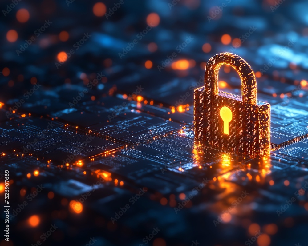 Poster digital security represented by an illuminated padlock on a textured blue background, showcasing the
