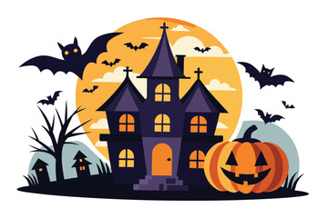 Spooky Halloween Night with Haunted House Bats Pumpkins