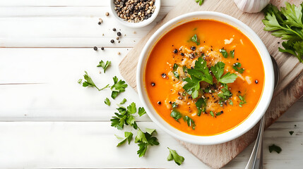 bowl of creamy orange soup garnished with fresh parsley, black pepper, and grated cheese sits on wooden cutting board. spoon rests beside bowl, with ingredients like garlic and peppercorns nearby