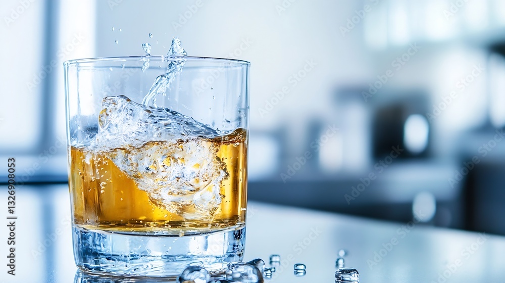 Poster ice cubes splash into a glass of whiskey capturing refreshing moments in high definition : generativ