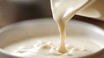 Creamy soy milk is being poured into white bowl, creating smooth and rich texture. close up shot highlights velvety consistency and natural color of plant based milk