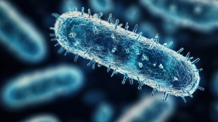 Fototapeta premium highly detailed microscopic view of bacteria with glowing blue structure and intricate surface texture