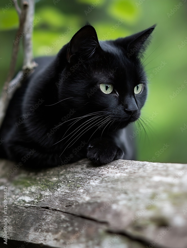 Poster Closeup of a black cat relaxing on tree branch with green background : Generative AI