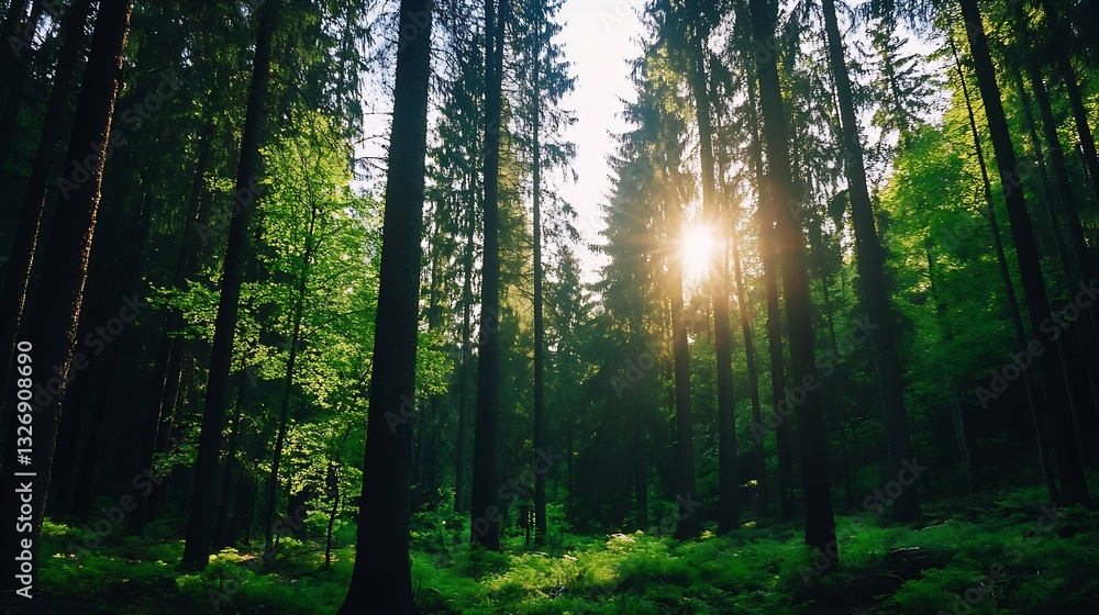 Aufkleber Breathtaking view of sun rays filtering through tall trees in a lush green forest creating an enchanting atmosphere : Generative AI