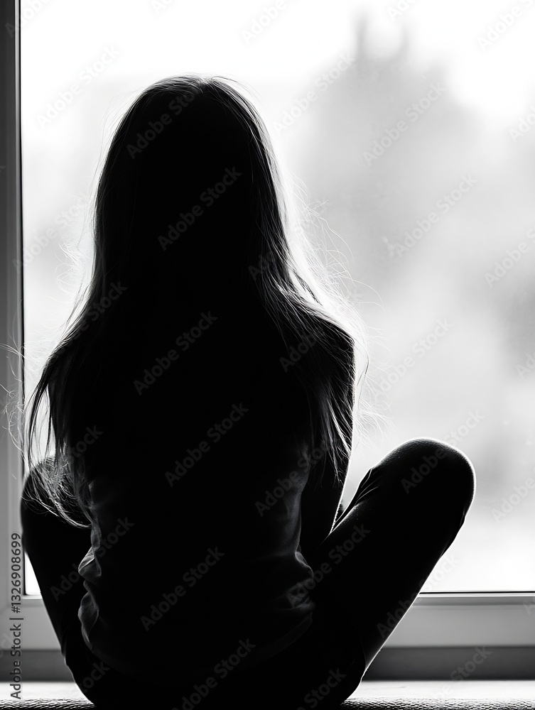 Poster silhouette of a young girl sitting by a window lost in thought creating a captivating mood : generat