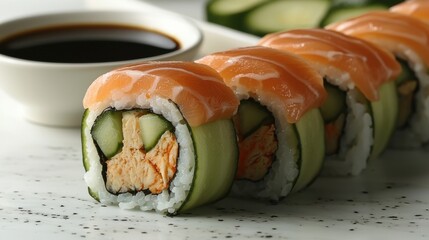 Close-up of fresh salmon sushi rolls with cucumber and soy sauce on a white serving plate.
