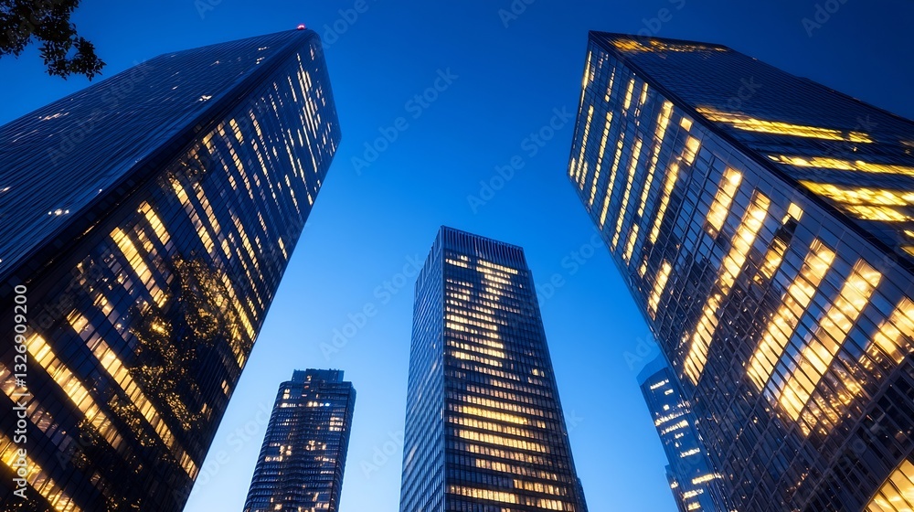 Poster modern skyscrapers glowing at dusk with a blue sky backdrop showcasing urban architecture : generati